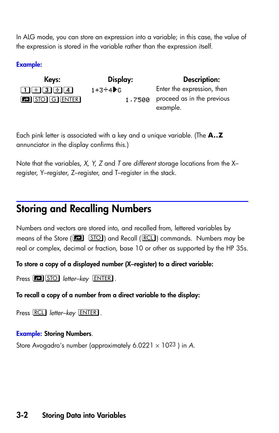 Storing and recalling numbers | HP 35s Scientific Calculator User Manual | Page 66 / 382