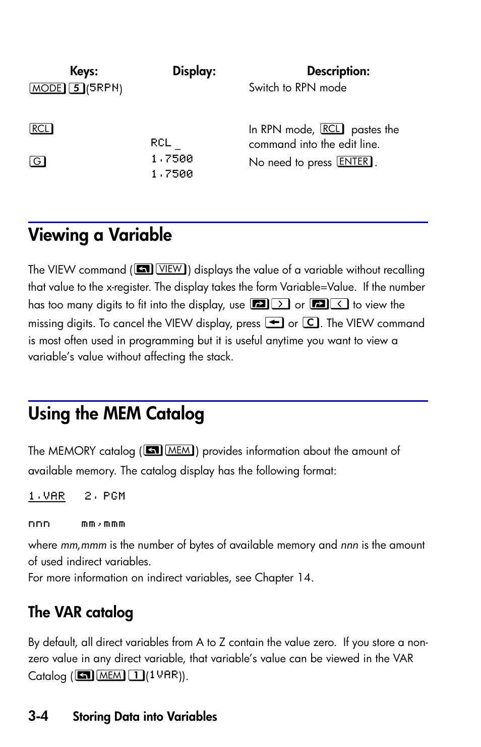 Viewing a variable, Using the mem catalog, The var catalog | HP 35s Scientific Calculator User Manual | Page 68 / 382