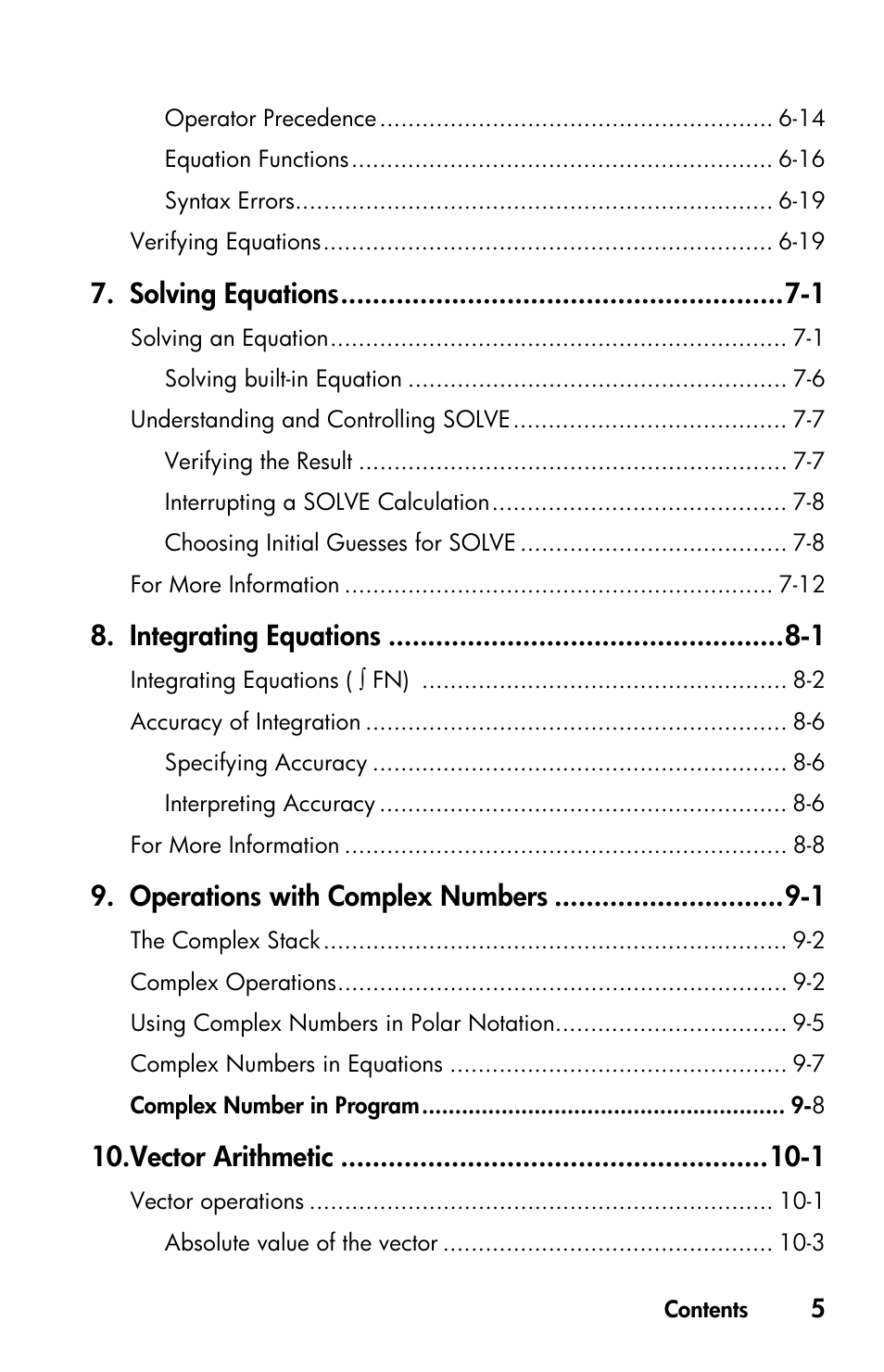 Solving equations -1, Integrating equations -1, Operations with complex numbers -1 | Vector arithmetic -1 | HP 35s Scientific Calculator User Manual | Page 7 / 382