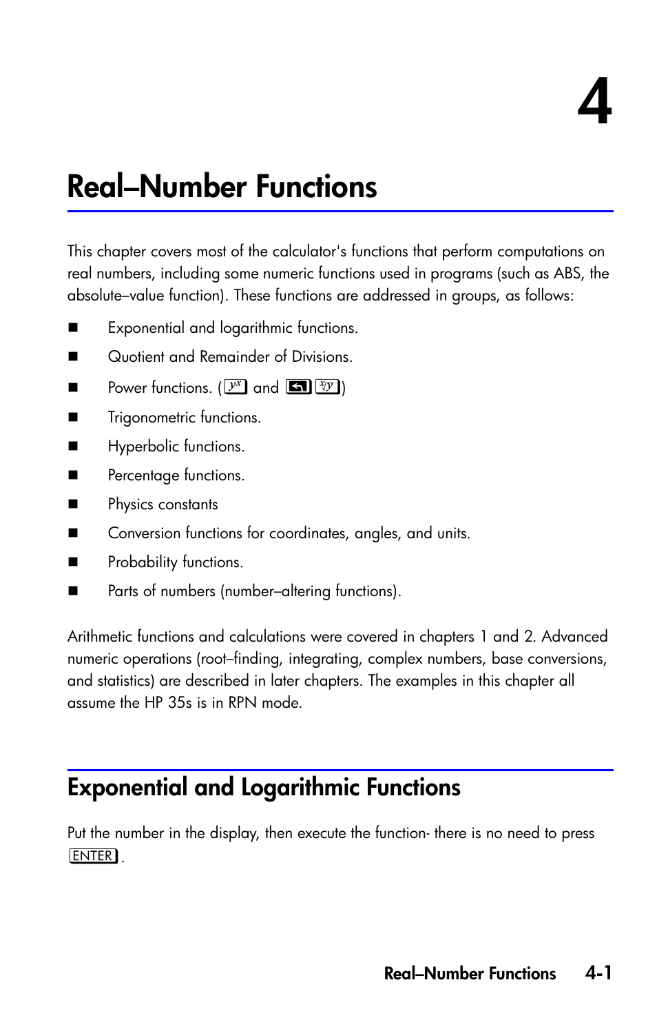 Real-number functions, Exponential and logarithmic functions, Real–number functions | HP 35s Scientific Calculator User Manual | Page 75 / 382