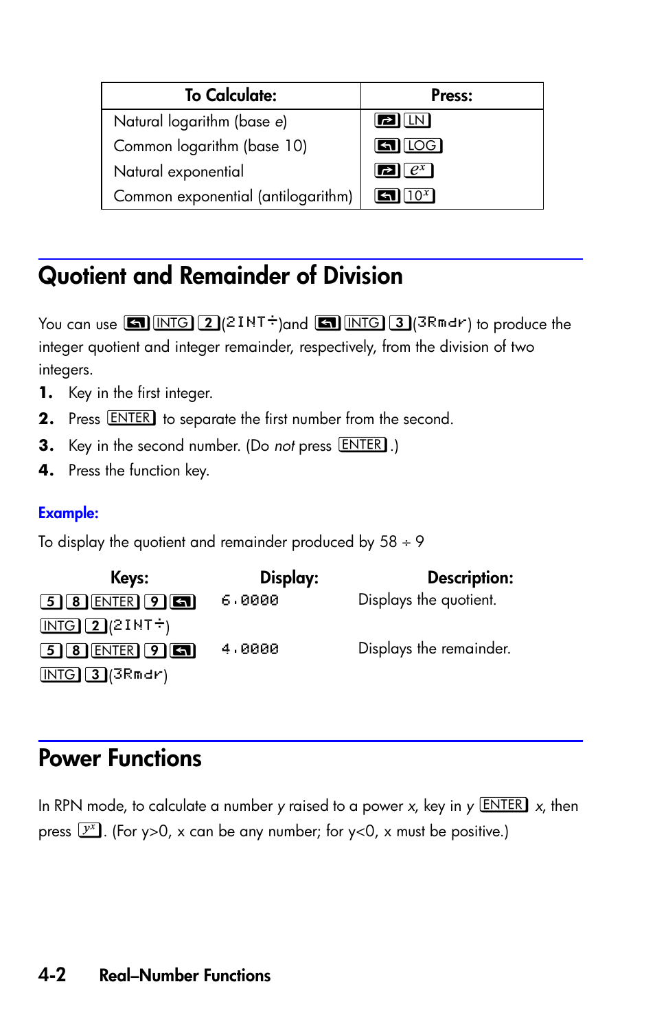 Quotient and remainder of division, Power functions | HP 35s Scientific Calculator User Manual | Page 76 / 382