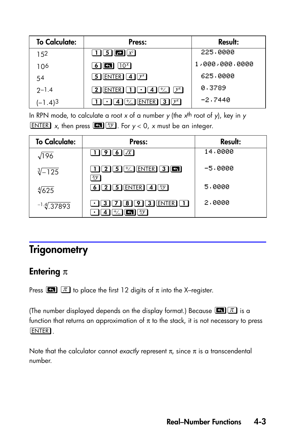 Trigonometry, Entering p, Entering | Entering π | HP 35s Scientific Calculator User Manual | Page 77 / 382