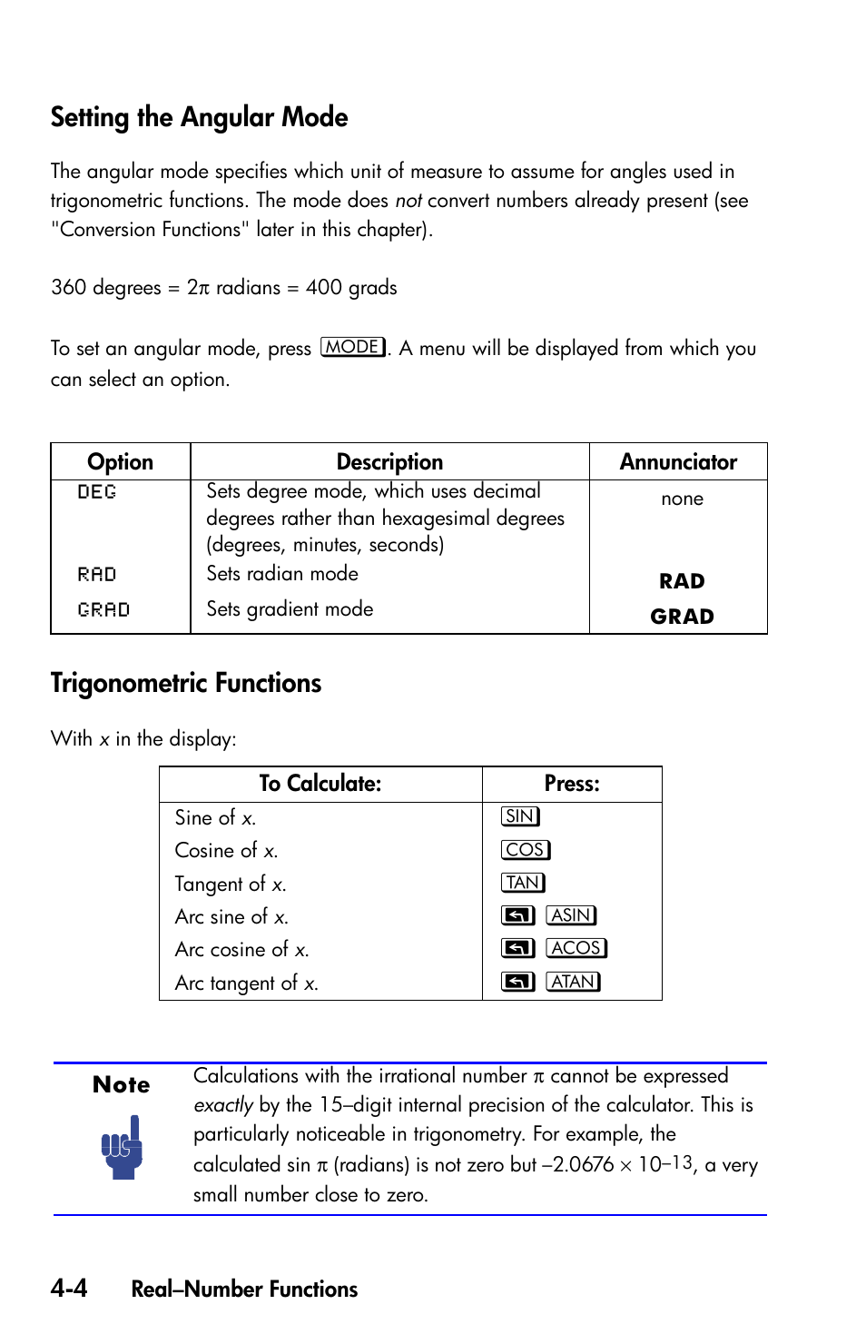 Setting the angular mode, Trigonometric functions | HP 35s Scientific Calculator User Manual | Page 78 / 382