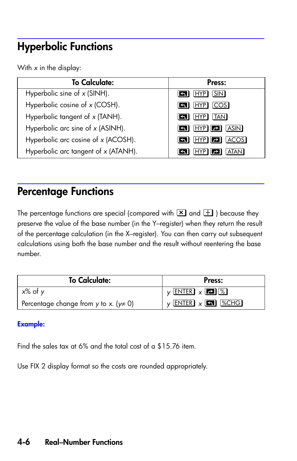 Hyperbolic functions, Percentage functions | HP 35s Scientific Calculator User Manual | Page 80 / 382