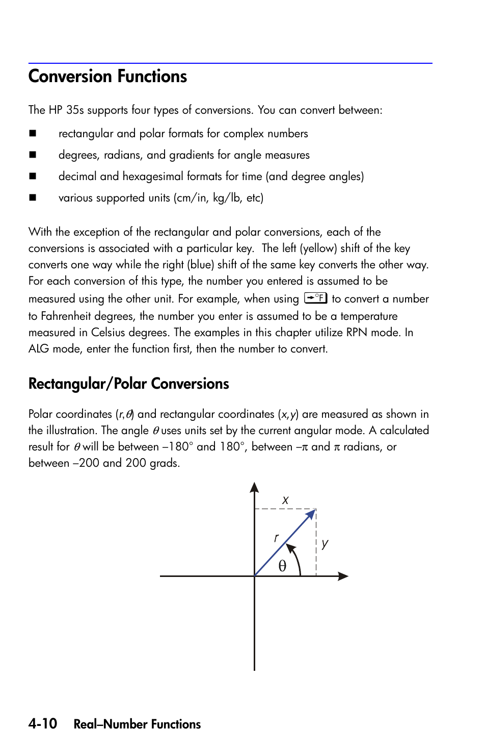 Conversion functions, Rectangular/polar conversions | HP 35s Scientific Calculator User Manual | Page 84 / 382