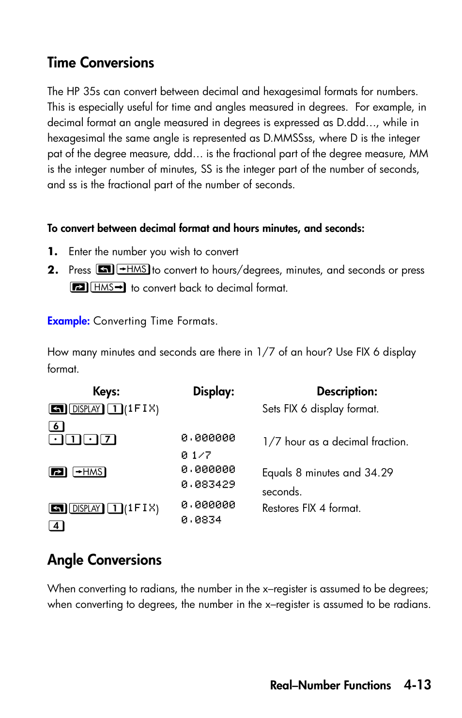 Time conversions, Angle conversions | HP 35s Scientific Calculator User Manual | Page 87 / 382