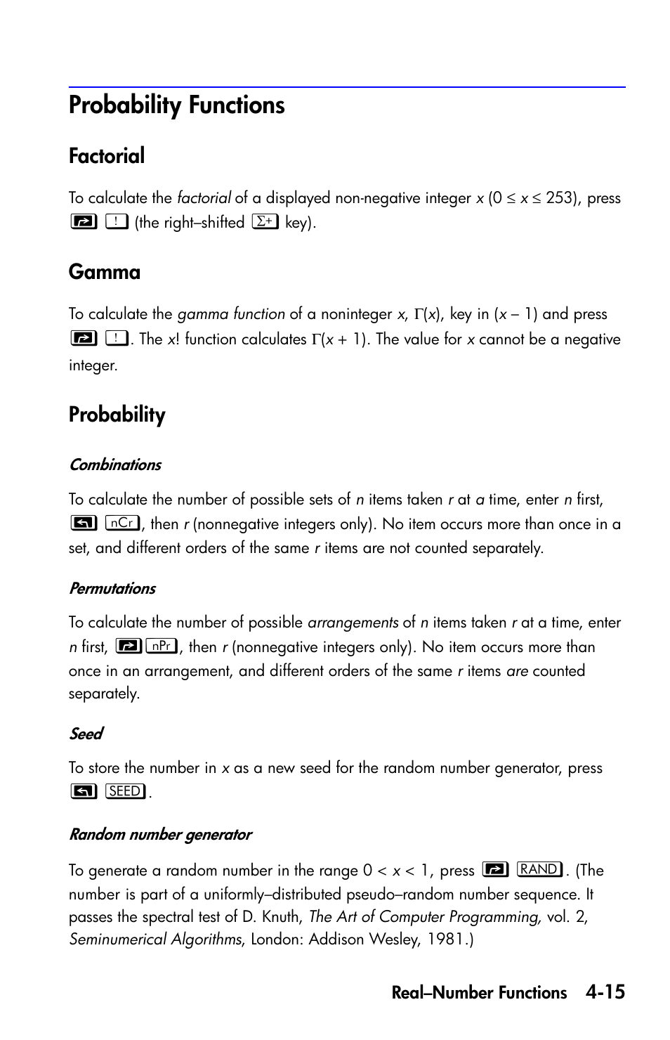 Probability functions, Factorial, Gamma | Probability | HP 35s Scientific Calculator User Manual | Page 89 / 382