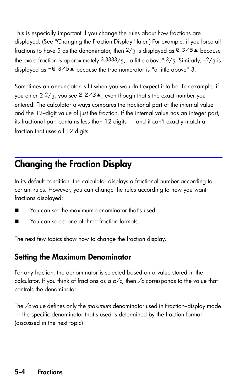 Changing the fraction display, Setting the maximum denominator | HP 35s Scientific Calculator User Manual | Page 96 / 382