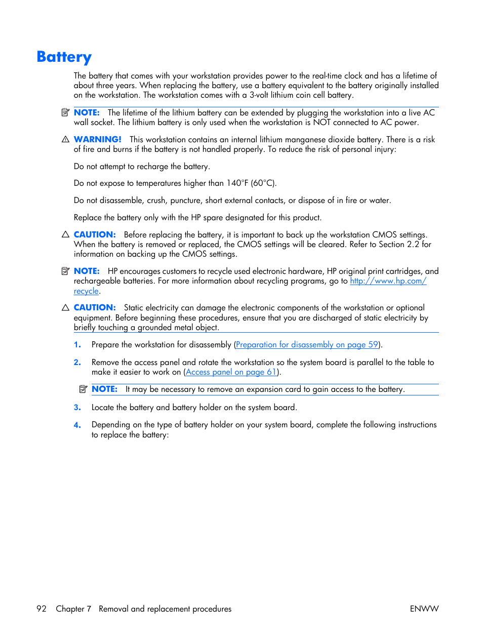 Battery | HP XW3400 User Manual | Page 102 / 182