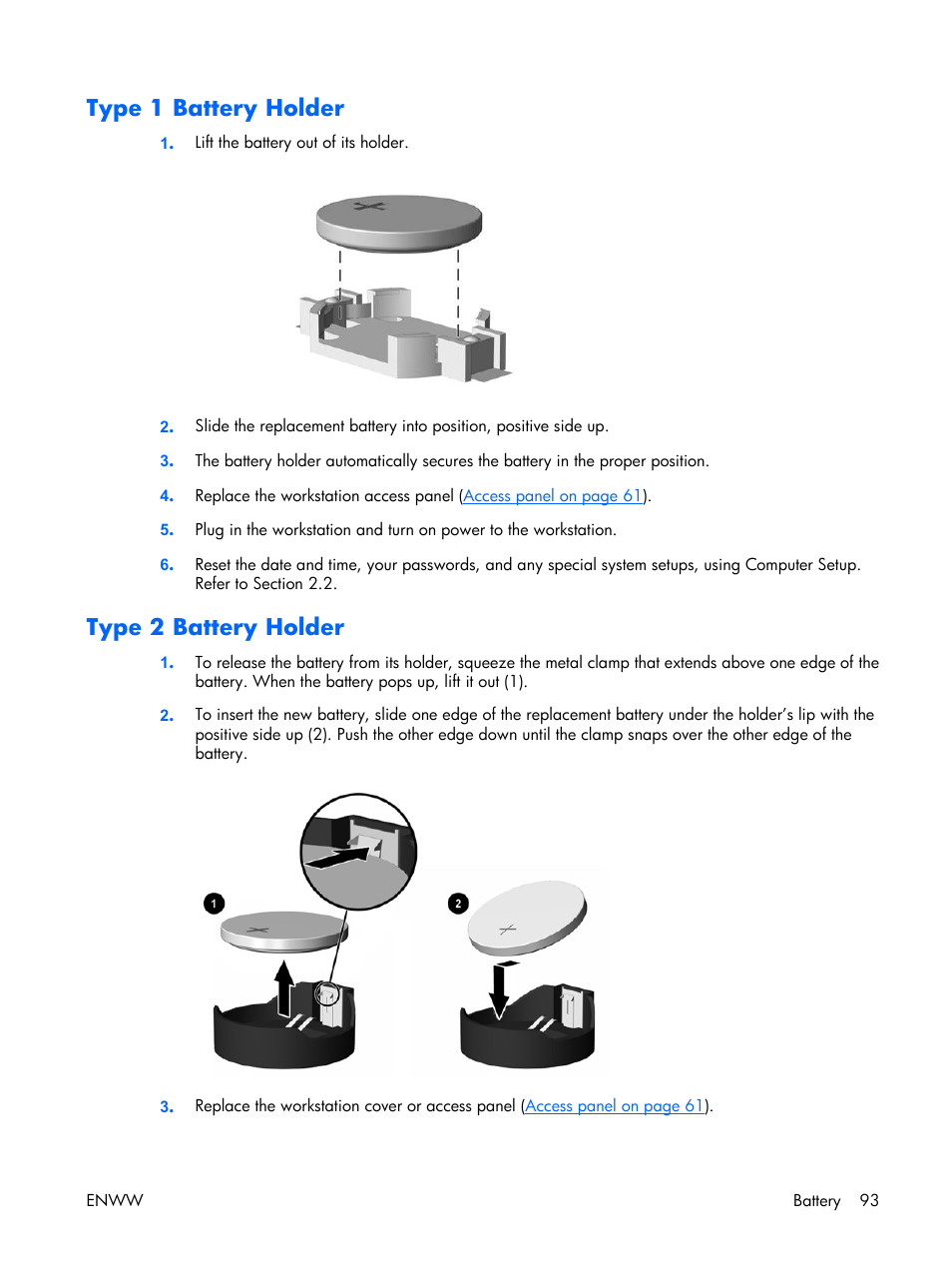 Type 1 battery holder, Type 2 battery holder | HP XW3400 User Manual | Page 103 / 182