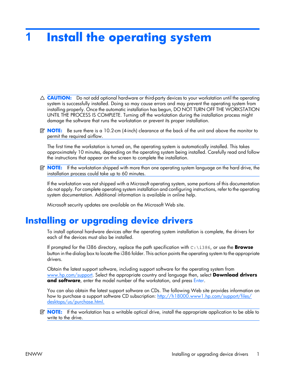 Install the operating system, Installing or upgrading device drivers, 1install the operating system | HP XW3400 User Manual | Page 11 / 182