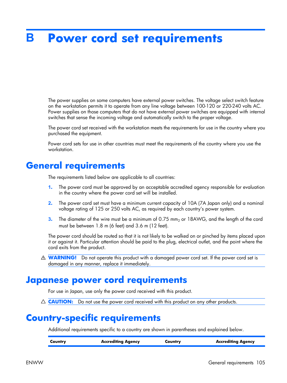 Power cord set requirements, General requirements, Japanese power cord requirements | Country-specific requirements, Appendix b power cord set requirements, Bpower cord set requirements | HP XW3400 User Manual | Page 115 / 182
