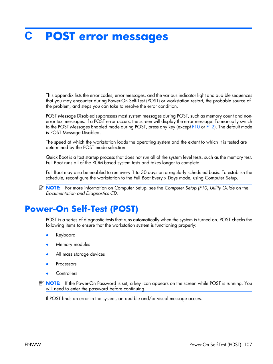 Post error messages, Power-on self-test (post), Appendix c post error messages | Cpost error messages | HP XW3400 User Manual | Page 117 / 182