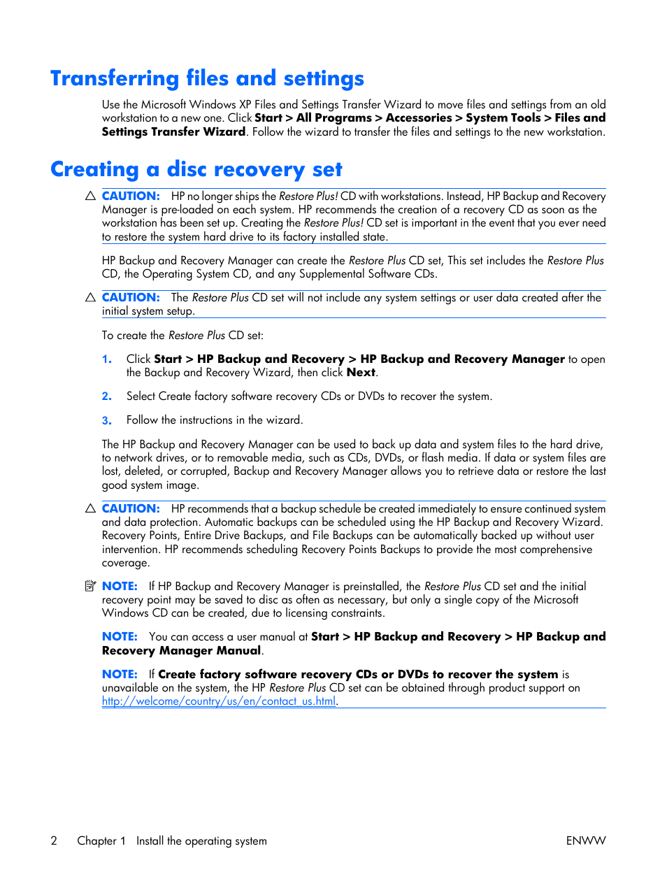 Transferring files and settings, Creating a disc recovery set | HP XW3400 User Manual | Page 12 / 182