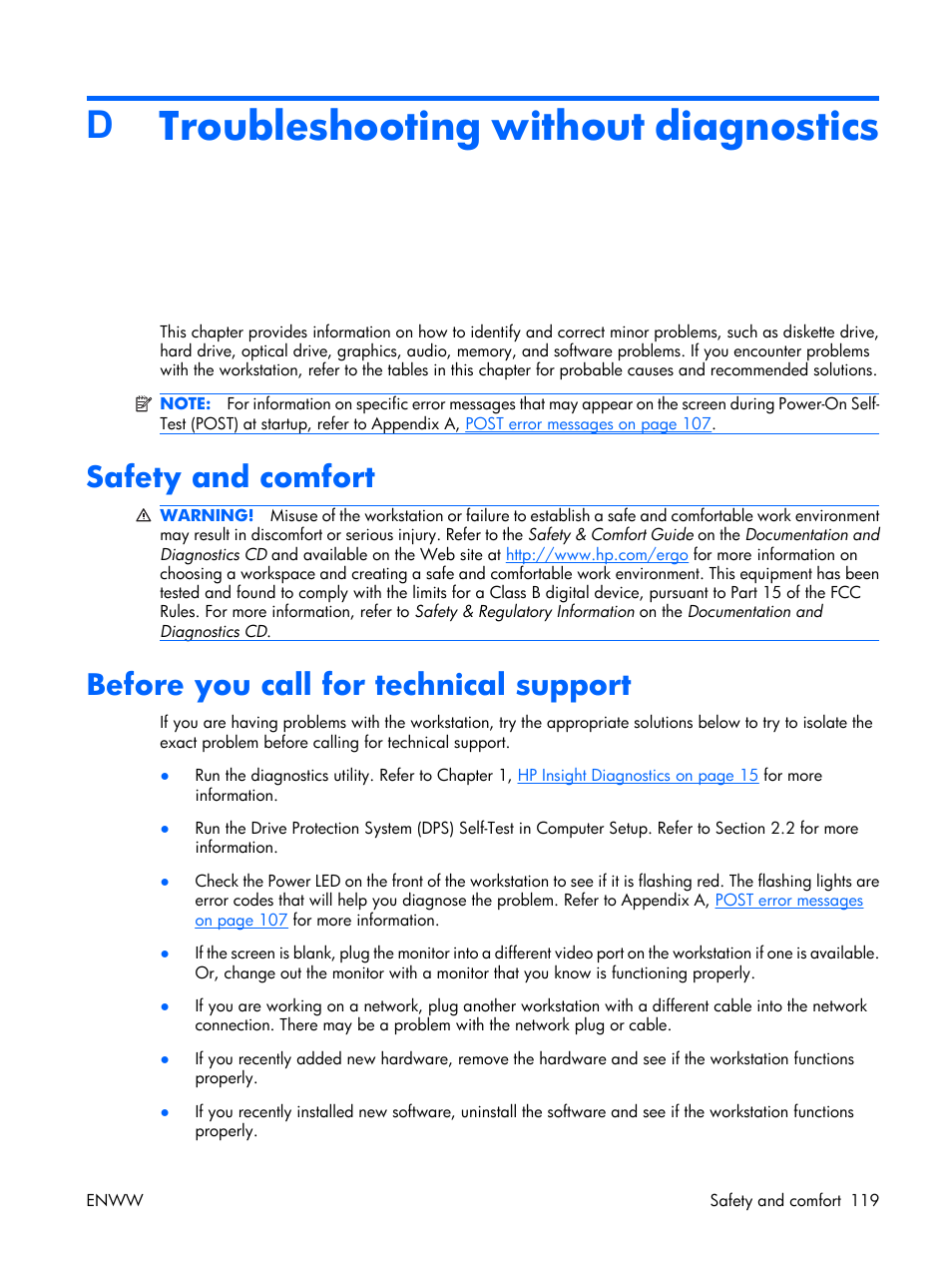 Troubleshooting without diagnostics, Safety and comfort, Before you call for technical support | Appendix d troubleshooting without diagnostics, Dtroubleshooting without diagnostics | HP XW3400 User Manual | Page 129 / 182