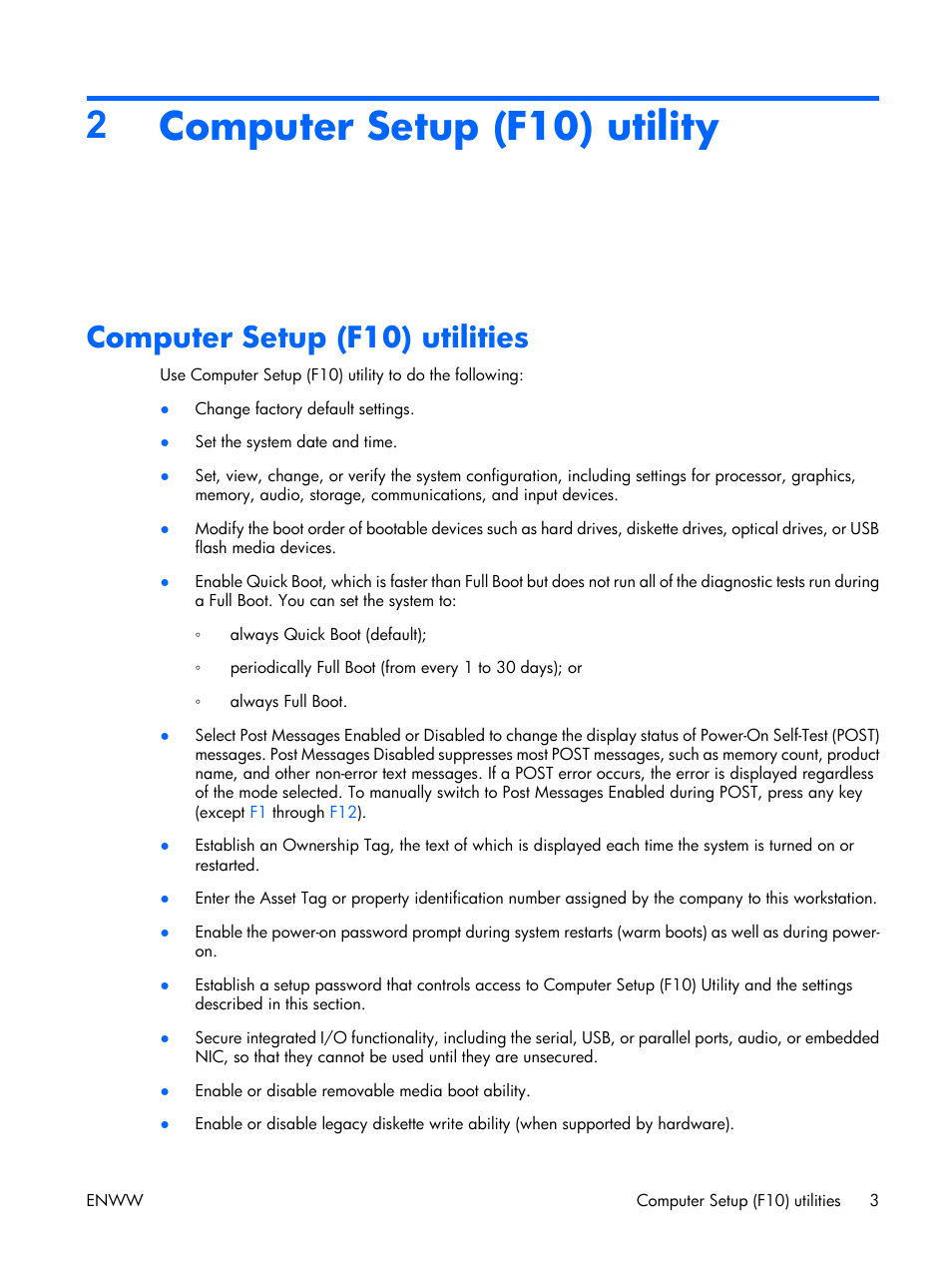 Computer setup (f10) utility, Computer setup (f10) utilities, 2computer setup (f10) utility | HP XW3400 User Manual | Page 13 / 182