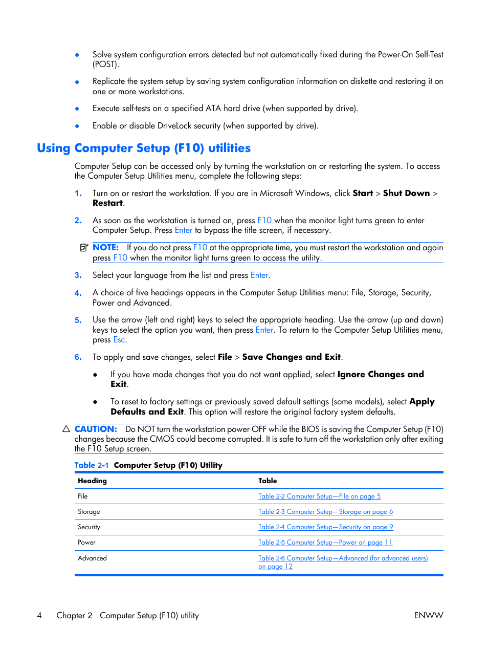 Using computer setup (f10) utilities | HP XW3400 User Manual | Page 14 / 182