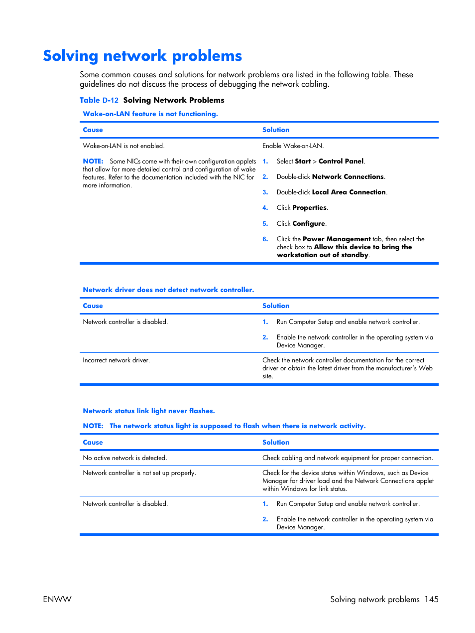 Solving network problems, Enww solving network problems 145 | HP XW3400 User Manual | Page 155 / 182