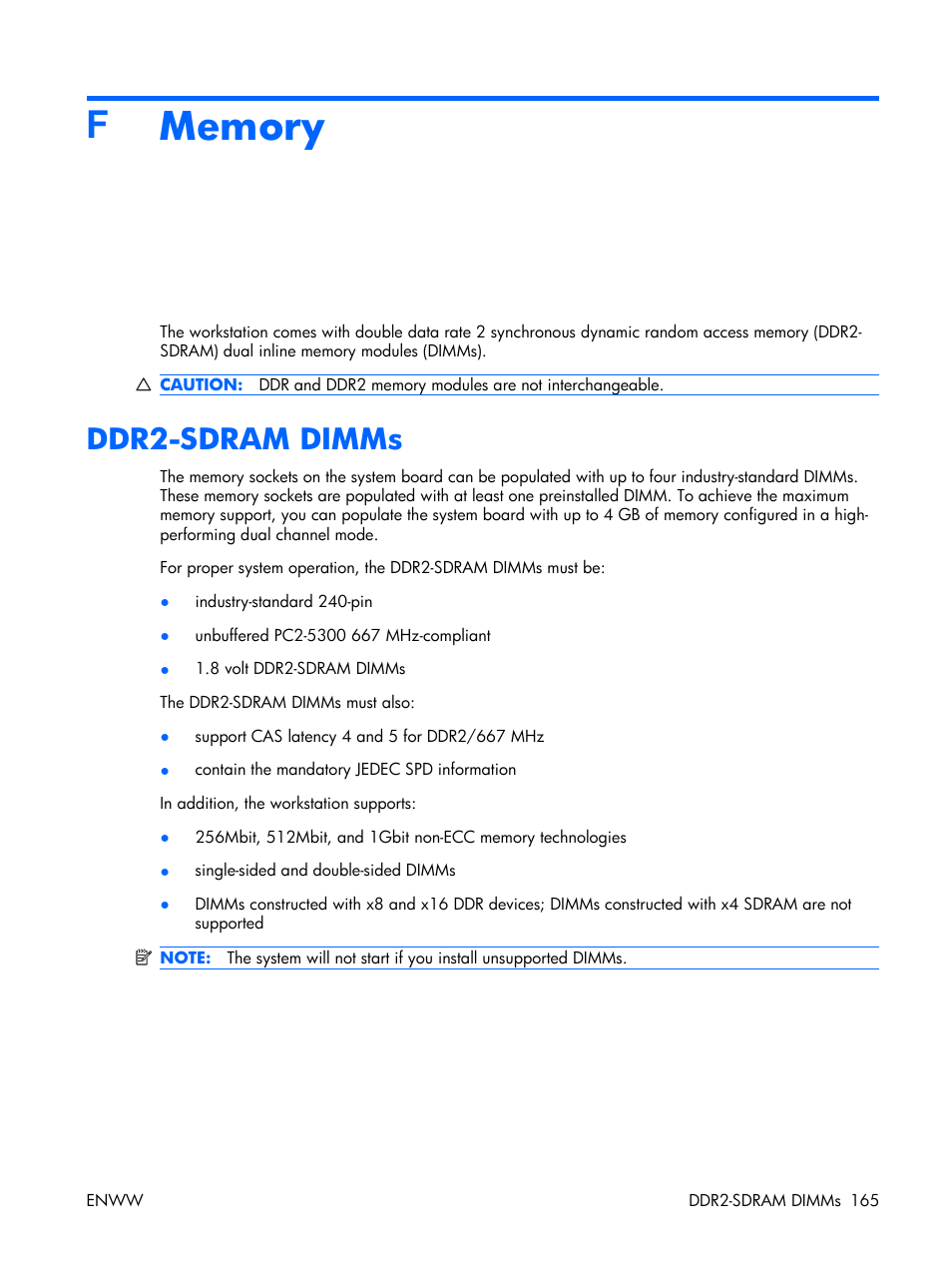 Memory, Ddr2-sdram dimms, Appendix f memory | HP XW3400 User Manual | Page 175 / 182