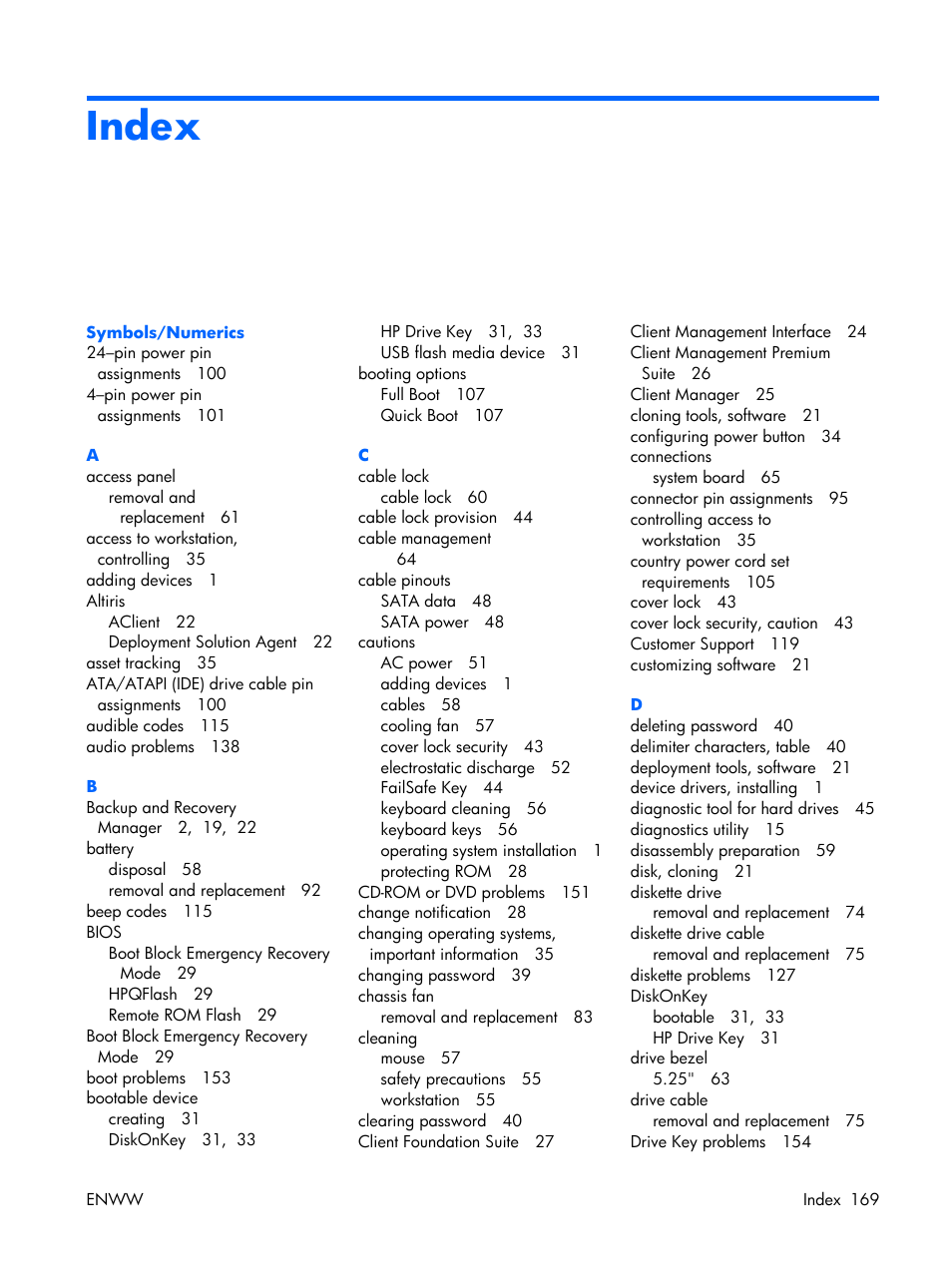 Index | HP XW3400 User Manual | Page 179 / 182