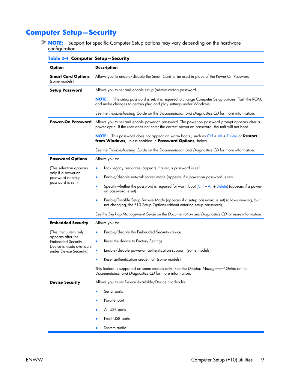 Computer setup—security, Enww computer setup (f10) utilities 9 | HP XW3400 User Manual | Page 19 / 182