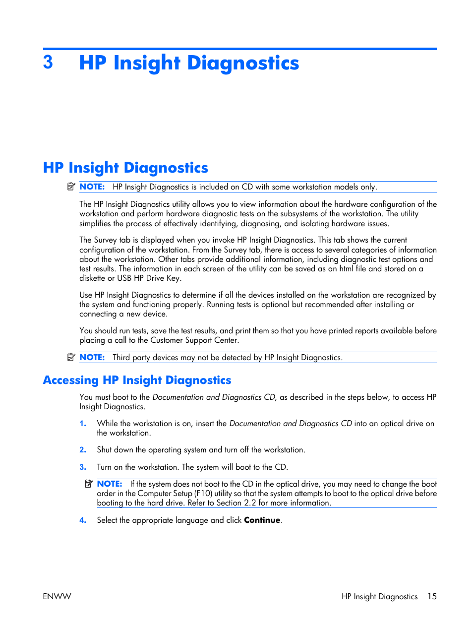 Hp insight diagnostics, Accessing hp insight diagnostics, 3hp insight diagnostics | HP XW3400 User Manual | Page 25 / 182