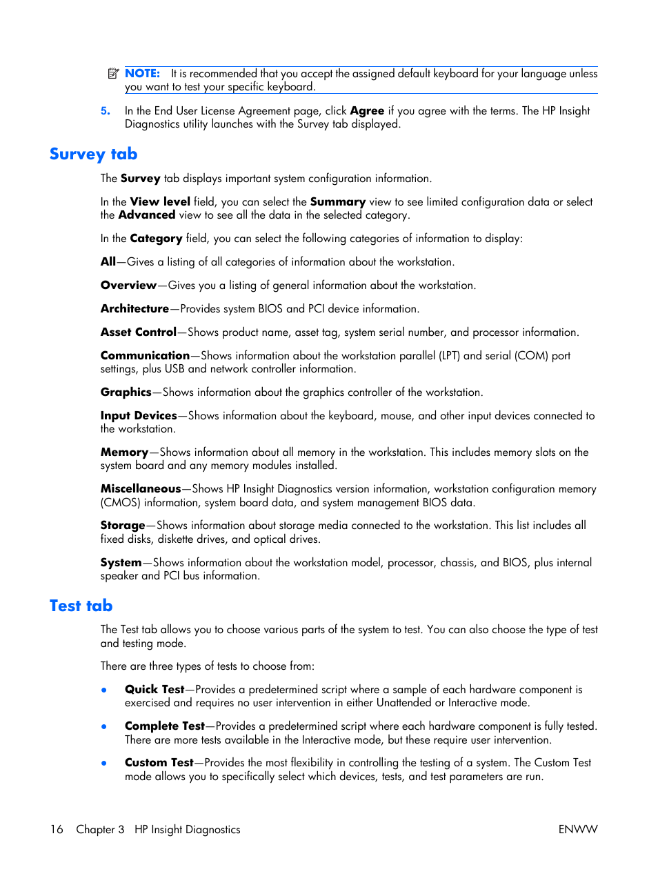 Survey tab, Test tab | HP XW3400 User Manual | Page 26 / 182