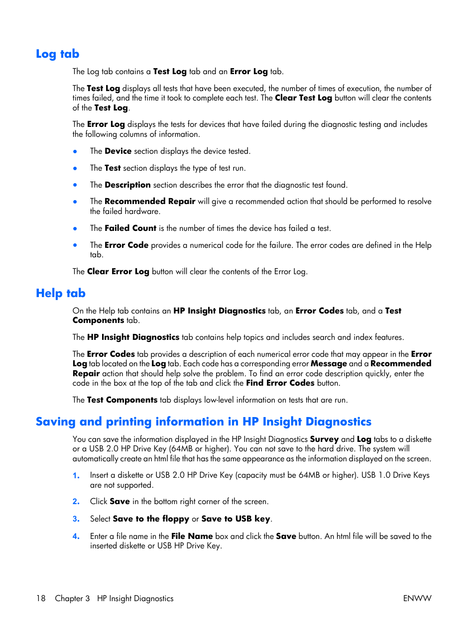 Log tab, Help tab | HP XW3400 User Manual | Page 28 / 182