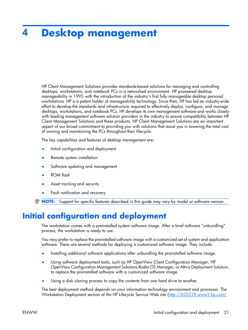 Desktop management, Initial configuration and deployment, 4desktop management | HP XW3400 User Manual | Page 31 / 182