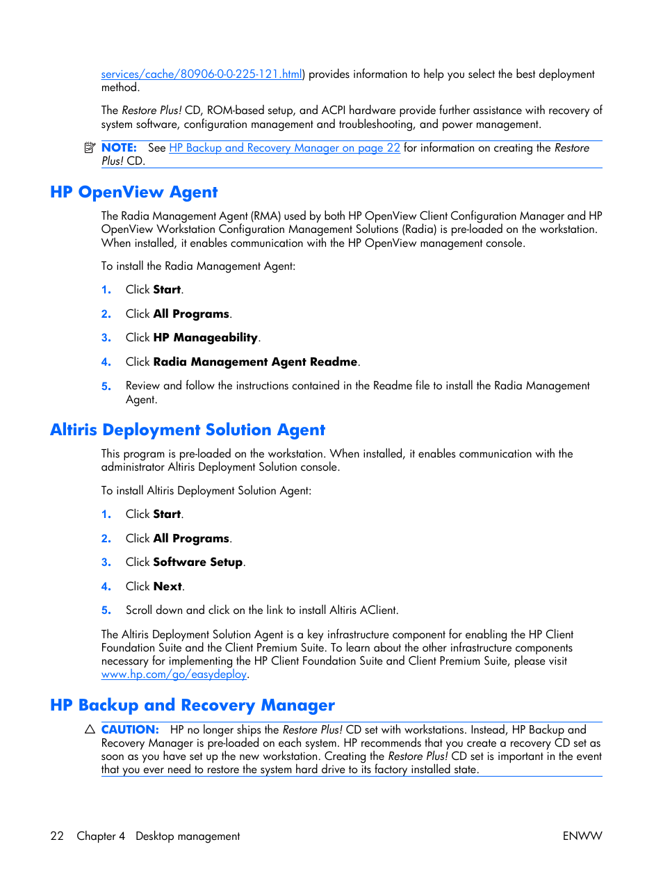 Hp openview agent, Altiris deployment solution agent, Hp backup and recovery manager | HP XW3400 User Manual | Page 32 / 182