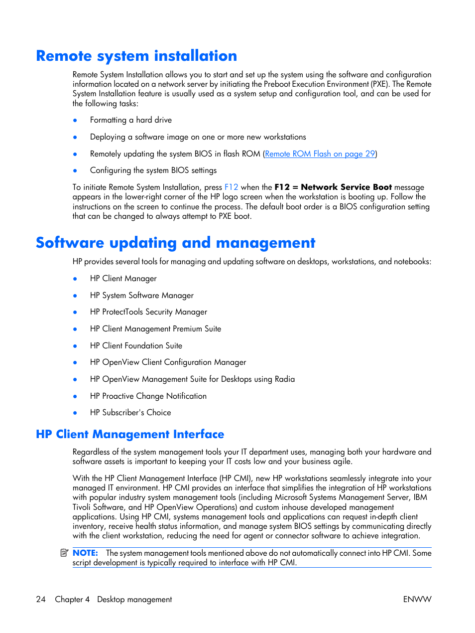 Remote system installation, Software updating and management, Hp client management interface | HP XW3400 User Manual | Page 34 / 182