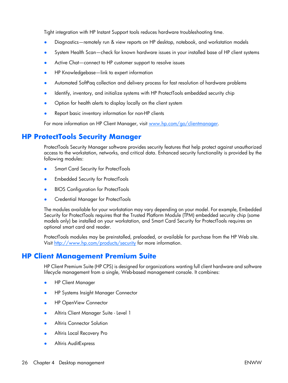 Hp protecttools security manager, Hp client management premium suite | HP XW3400 User Manual | Page 36 / 182