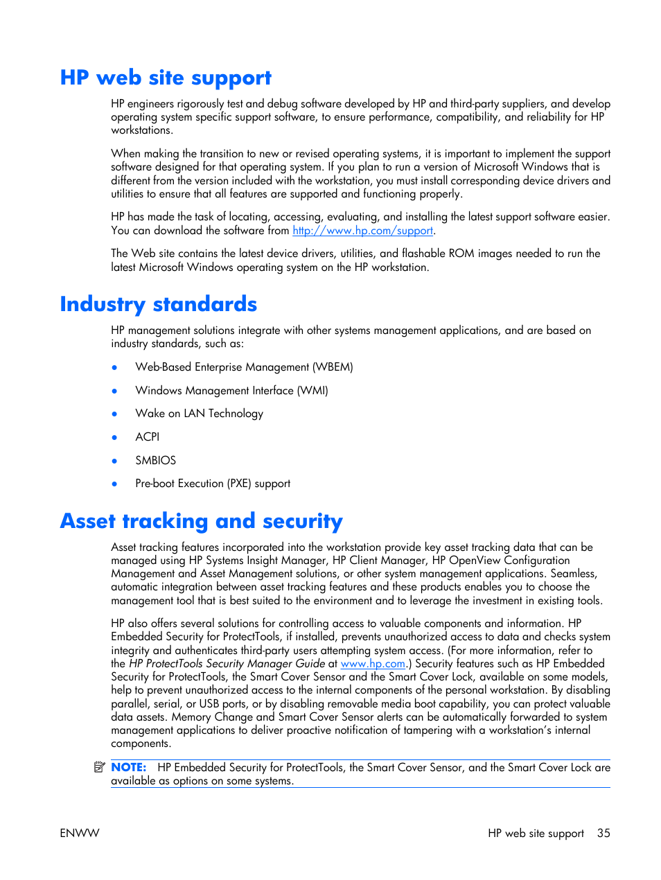 Hp web site support, Industry standards, Asset tracking and security | HP XW3400 User Manual | Page 45 / 182