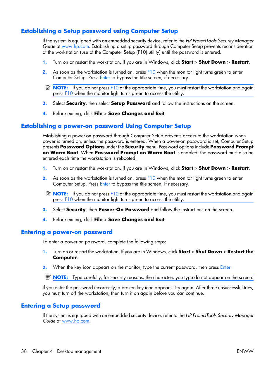 Establishing a setup password using computer setup, Entering a power-on password, Entering a setup password | HP XW3400 User Manual | Page 48 / 182