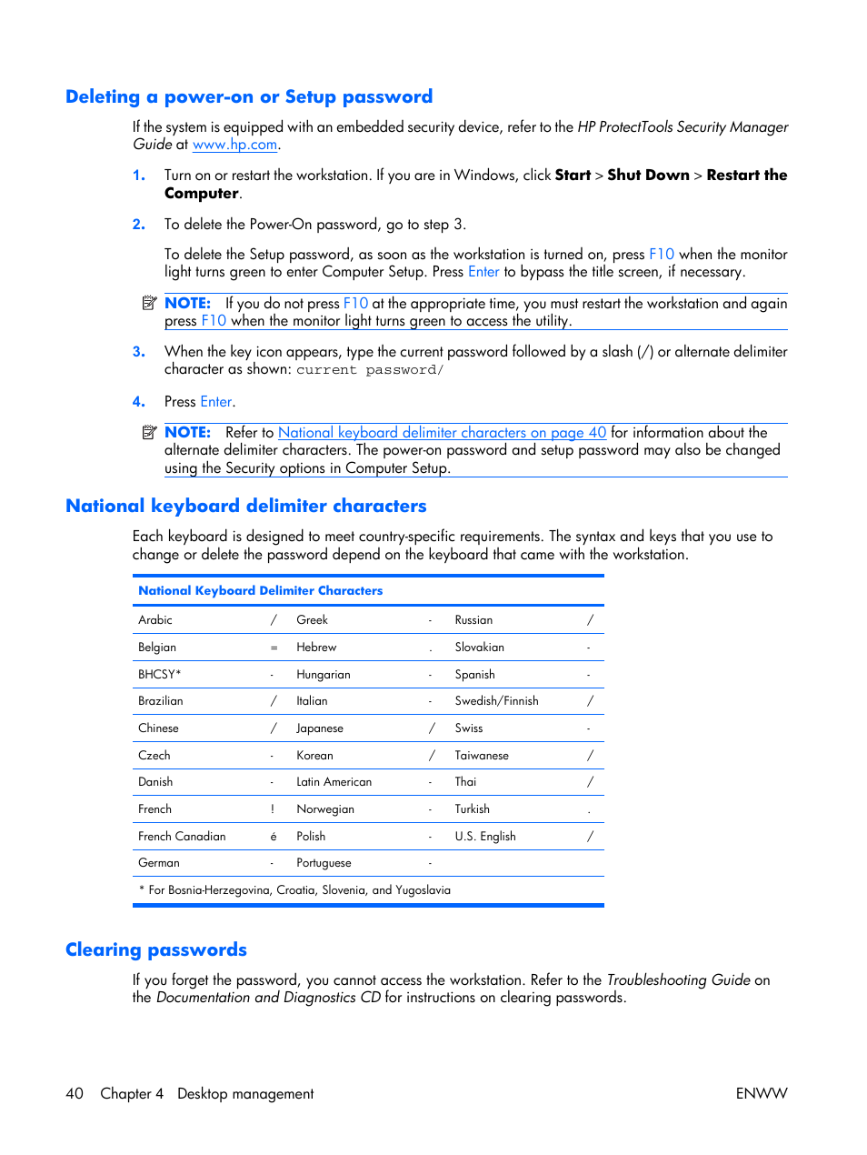 Deleting a power-on or setup password, National keyboard delimiter characters, Clearing passwords | HP XW3400 User Manual | Page 50 / 182