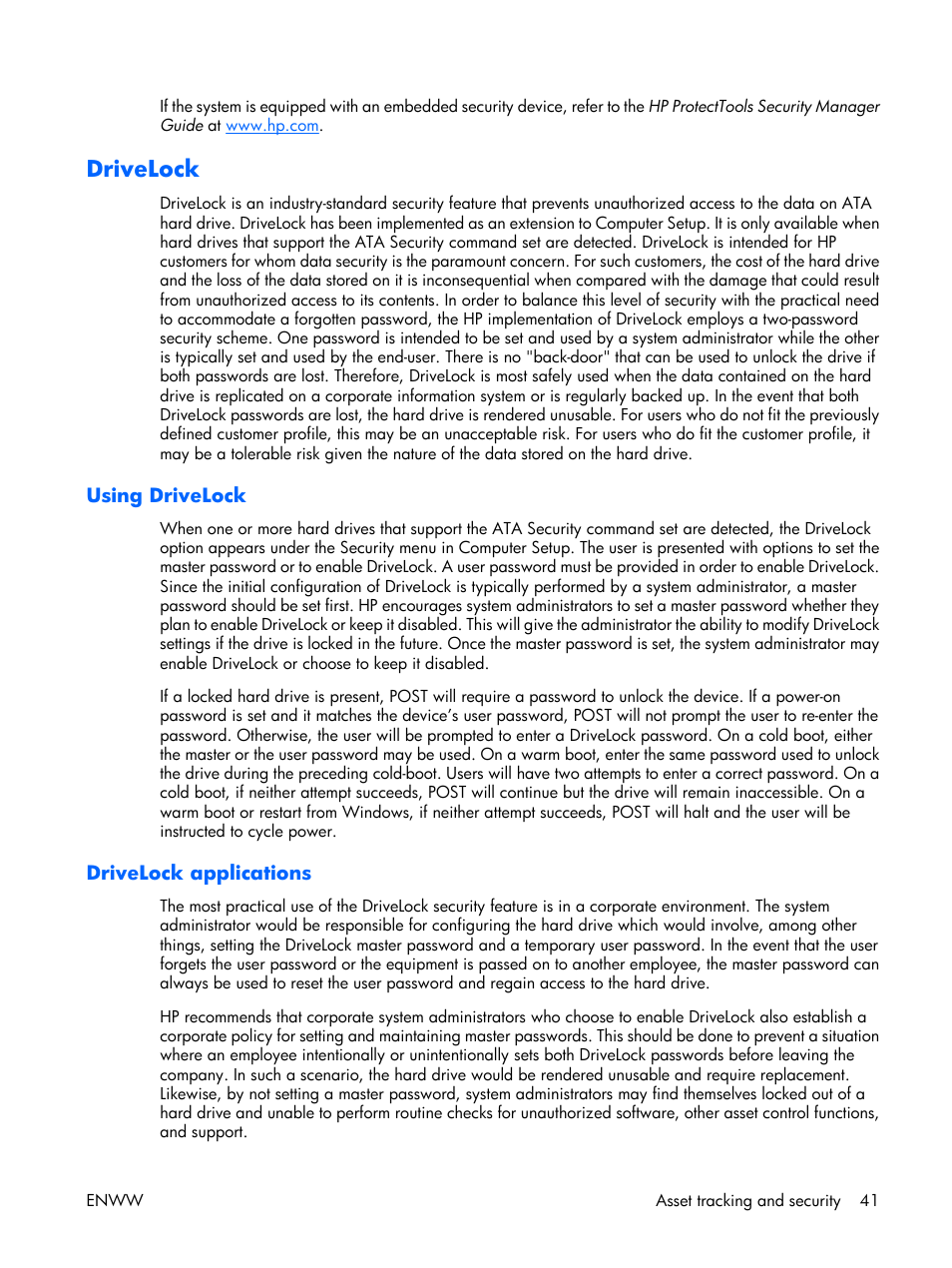 Drivelock, Using drivelock, Drivelock applications | HP XW3400 User Manual | Page 51 / 182