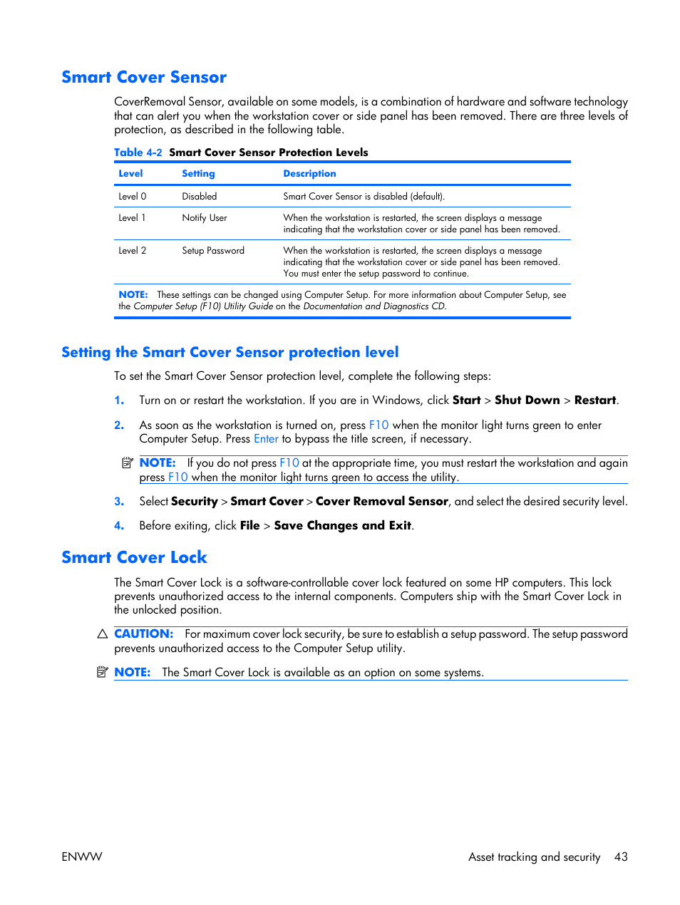 Smart cover sensor, Setting the smart cover sensor protection level, Smart cover lock | HP XW3400 User Manual | Page 53 / 182