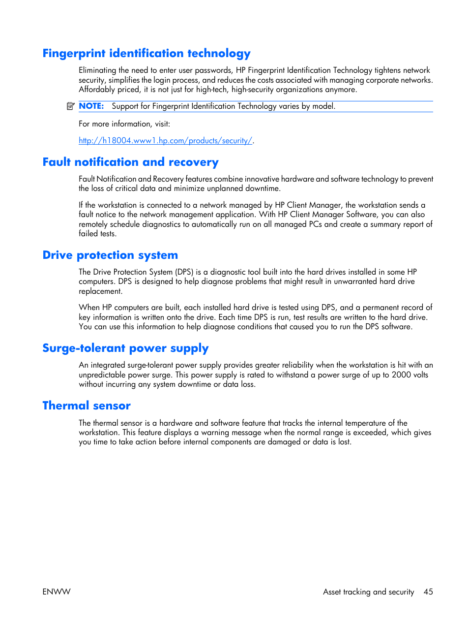 Fingerprint identification technology, Fault notification and recovery, Drive protection system | Surge-tolerant power supply, Thermal sensor | HP XW3400 User Manual | Page 55 / 182