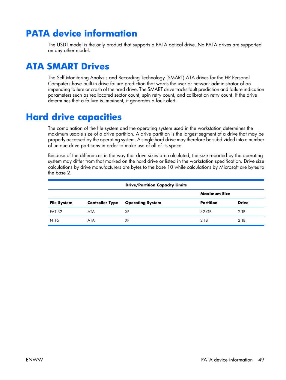 Pata device information, Ata smart drives, Hard drive capacities | HP XW3400 User Manual | Page 59 / 182