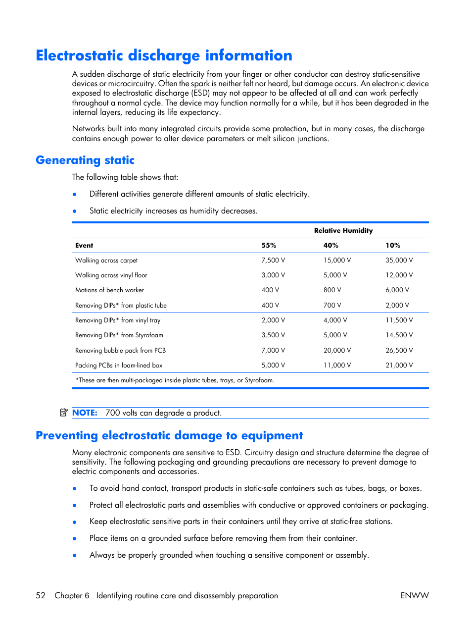 Electrostatic discharge information, Generating static, Preventing electrostatic damage to equipment | HP XW3400 User Manual | Page 62 / 182