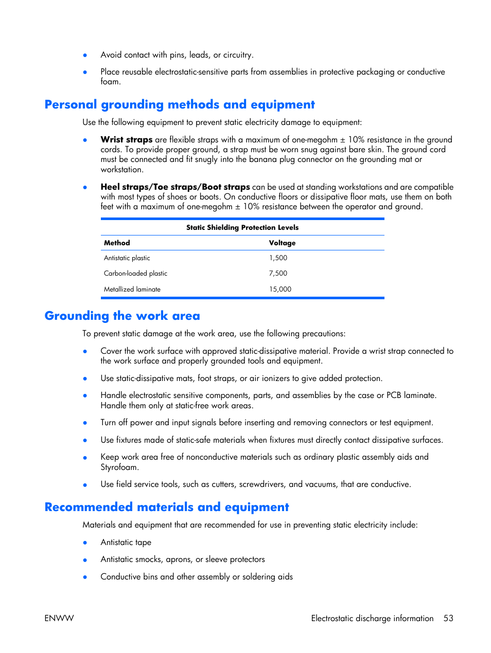 Personal grounding methods and equipment, Grounding the work area, Recommended materials and equipment | HP XW3400 User Manual | Page 63 / 182