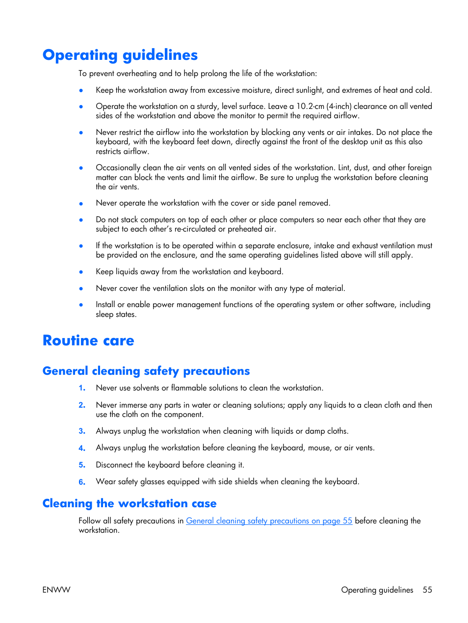 Operating guidelines, Routine care, General cleaning safety precautions | Cleaning the workstation case | HP XW3400 User Manual | Page 65 / 182