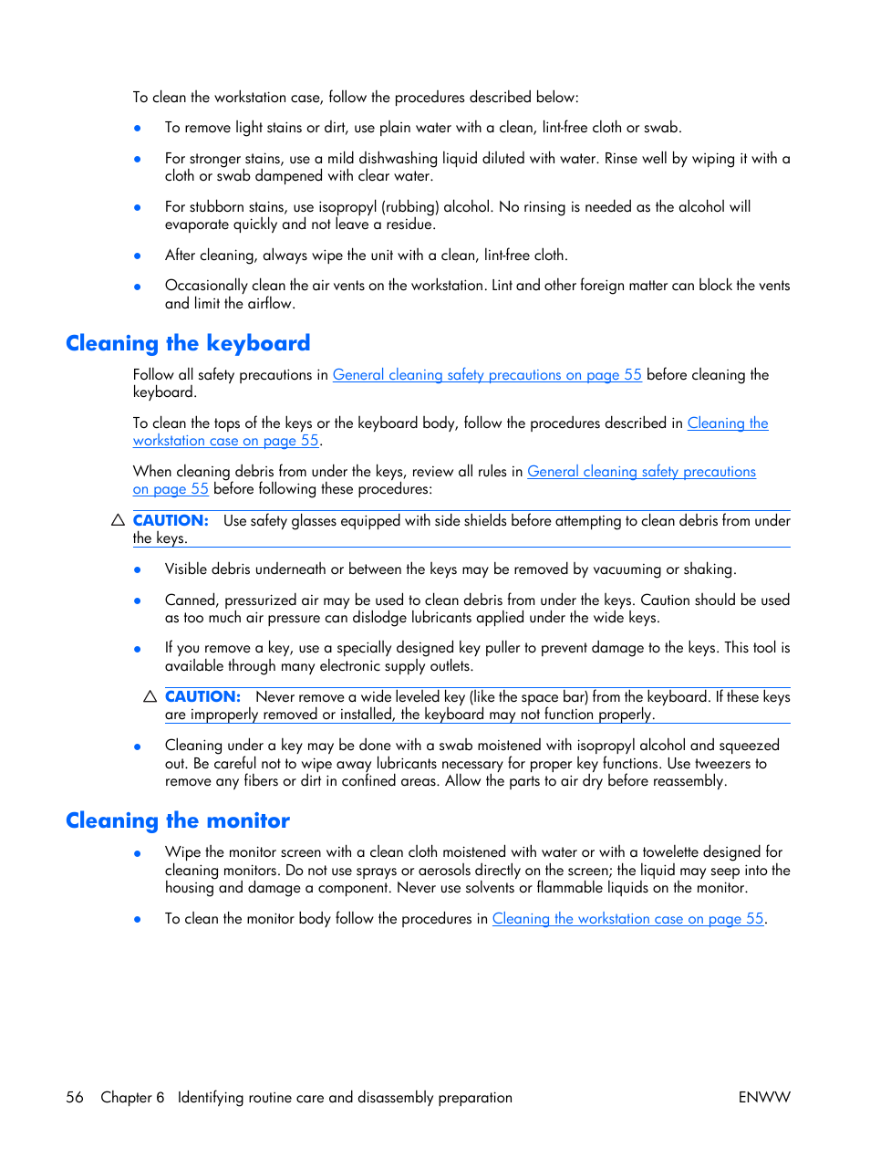 Cleaning the keyboard, Cleaning the monitor | HP XW3400 User Manual | Page 66 / 182