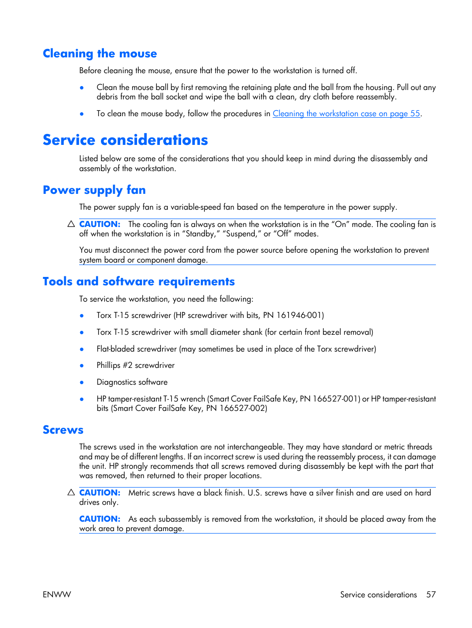 Cleaning the mouse, Service considerations, Power supply fan | Tools and software requirements, Screws | HP XW3400 User Manual | Page 67 / 182