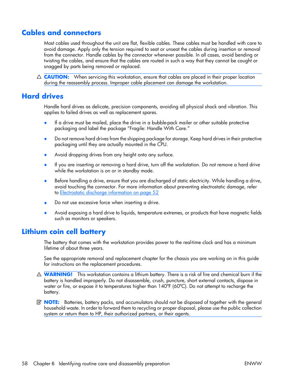 Cables and connectors, Hard drives, Lithium coin cell battery | HP XW3400 User Manual | Page 68 / 182