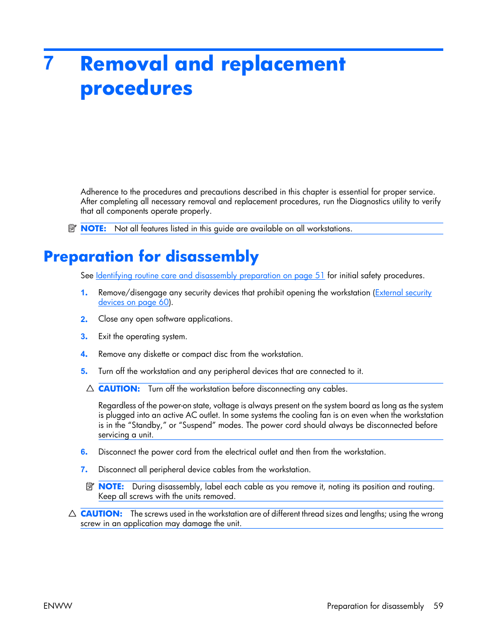 Removal and replacement procedures, Preparation for disassembly, 7removal and replacement procedures | HP XW3400 User Manual | Page 69 / 182