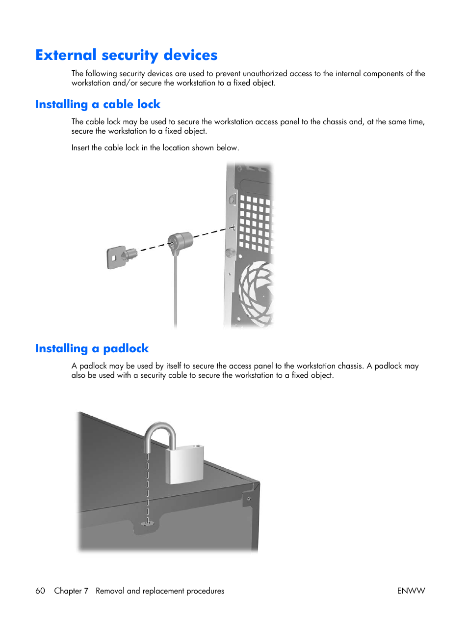External security devices, Installing a cable lock, Installing a padlock | HP XW3400 User Manual | Page 70 / 182