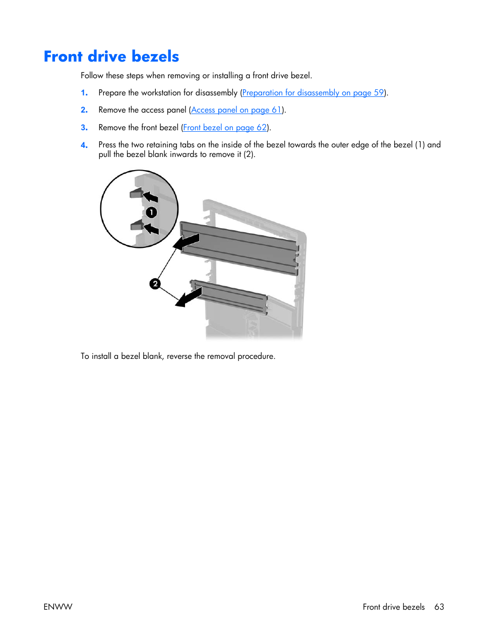 Front drive bezels | HP XW3400 User Manual | Page 73 / 182