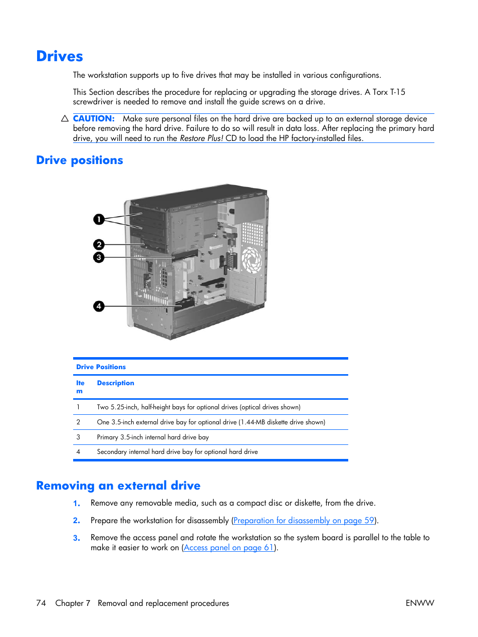 Drives, Drive positions, Removing an external drive | HP XW3400 User Manual | Page 84 / 182