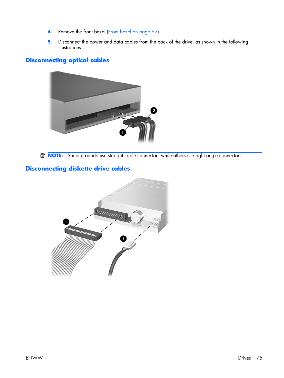 Disconnecting optical cables, Disconnecting diskette drive cables | HP XW3400 User Manual | Page 85 / 182